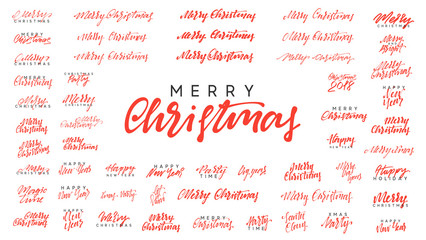 Handwritten lettering logo Merry Christmas and Happy New Year, red text calligraphy,