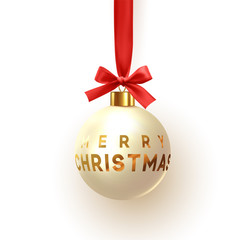 Christmas ball hanging on ribbon with red bow. Decor Xmas bauble isolated on white background