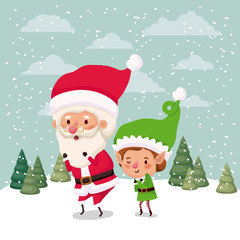 little elf and santa claus characters in snowscape