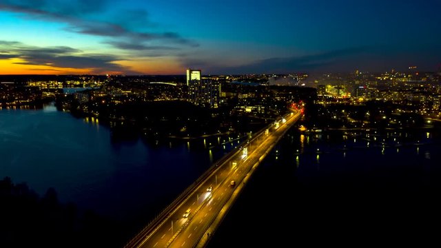 Hyperlapse of bridge Vasterbron in Stockholm at dusk 