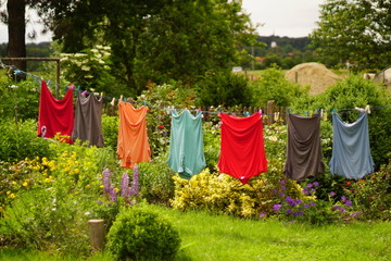 Clothes hanging on line in green garden