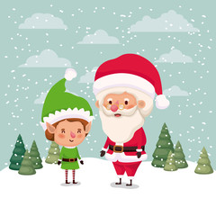 little elf and santa claus characters in snowscape