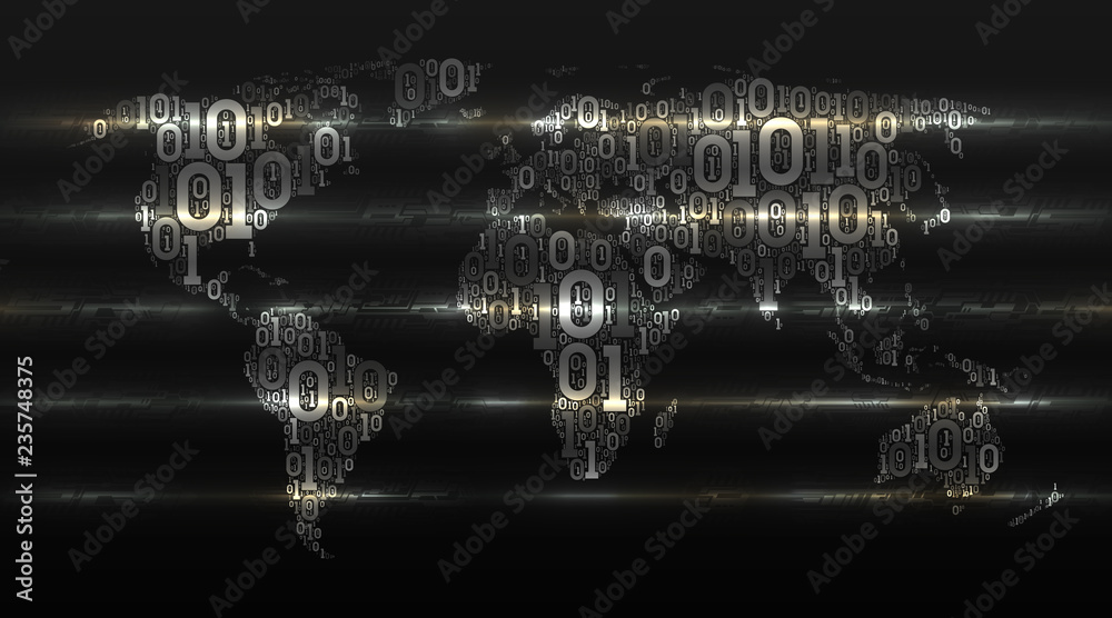 Poster World map with continents from a binary code with a background of abstract circuit boards, electronics. Digital technologies in world. Concept of cloud service, iot, ai, big data, vector
