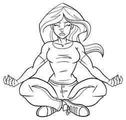 Line art full length front view of a fit woman sitting in lotus position while meditating during yoga exercise isolated on white background for copy space.