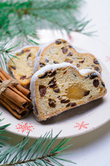 Fototapeta na wymiar Christmas Stollen,Traditional Fruit Loaf Cake, Festive Dessert for Winter Holidays