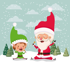 little elf and santa claus characters in snowscape