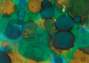 Colorful alcohol ink texture with abstract washes and paint stains on the white paper background.