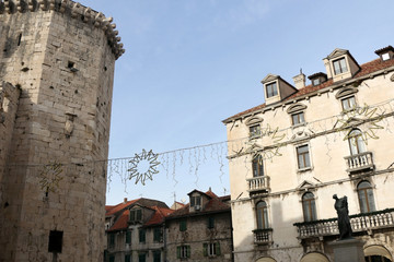 Fototapeta na wymiar Historic buildings in Split, Croatia with Christmas decorations. Split is popular coastal travel destination.