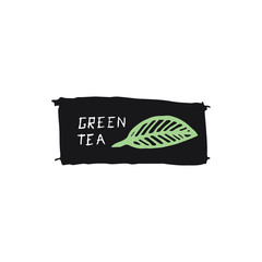Green tea illustration. Leaf on black background