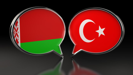 Belarus and Turkey flags with Speech Bubbles. 3D illustration
