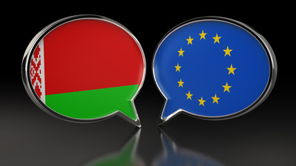 Belarus and Europe Union flags with Speech Bubbles. 3D illustration