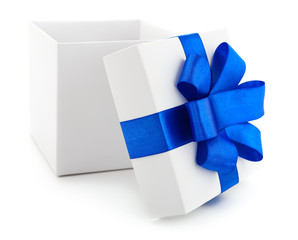 White gift box with blue ribbon