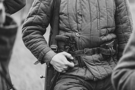 Revolver Nagan on the belt of the Soviet soldier