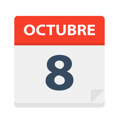 Octubre 8 - Calendar Icon - October 8. Vector illustration of Spanish Calendar Leaf