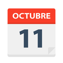 Octubre 11 - Calendar Icon - October 11. Vector illustration of Spanish Calendar Leaf