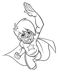 Line art full length cartoon illustration of powerful and healthy super boy flying while wearing superhero costume against white background for copy space.