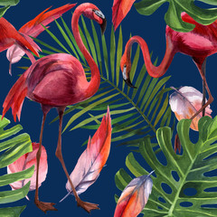 Watercolor tropical wildlife, flamingo bird, seamless pattern. Hand Drawn jungle nature, flowers illustration. Print for textile, cloth, wallpaper, scrapbooking