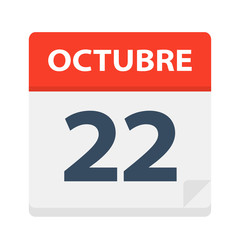 Octubre 22 - Calendar Icon - October 22. Vector illustration of Spanish Calendar Leaf