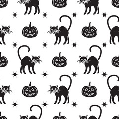 Halloween 2019 seamless pattern. Pumpkins, cats.