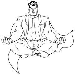 Line art full length front view of businessman meditating for calmness and stress relief, against white background for copy space.