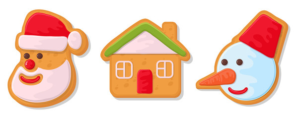 Set of christmas cookies. Set of different gingerbread cookies for christmas. New Year gingerbread in the form of Christmas characters. Different new year characters. Homemade baking. Bakery products.