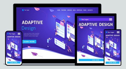 Template Landing page Isometric concept of web design and development of mobile websites, adaptive design, applications. Easy to edit and customize, adaptiive
