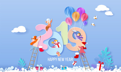 2019 Happy New Year design card with kids