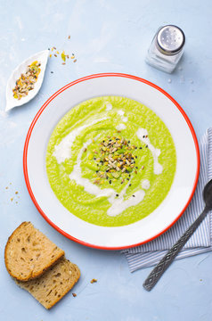 Green Vegan Broccoli Cream Soup with Cashew Milk and Seed Mix, Detox Healthy Eating