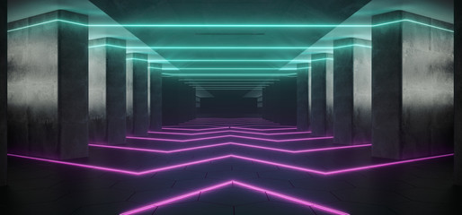 Sci Fi Elegant Futuristic Alienship Modern Long Dark Grunge Concrete Reflective Empty Tunnel Corridor With Neon Glowing Blue Purple Lights White Windows Background 3D Rendering