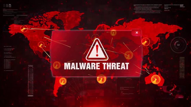 MALWARE THREAT Alert Warning Message Attack on World map. Wire frame Radar Network Seamless loop Motion Background. UI Elements HUD Sci Fi interface.