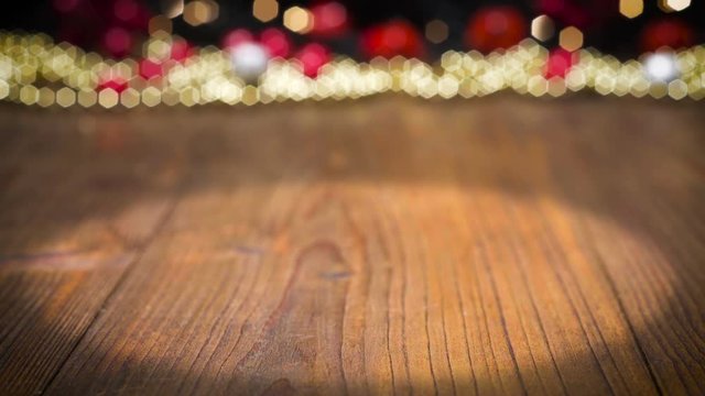 Wooden table background, christmas lights
