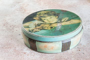 Old vintage blue round tin box