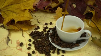 Pouring coffee in a cup in a vintage entourage in slow motion - Powered by Adobe