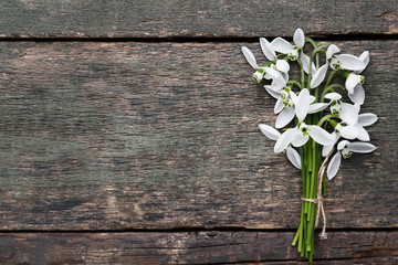 Bouquet of snowdrop flowers on grey wooden table