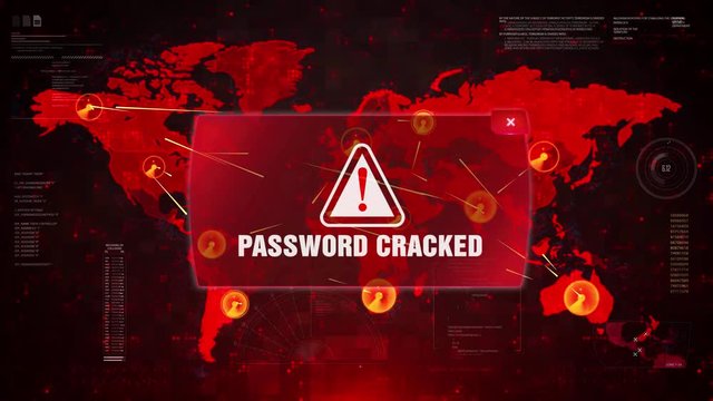 Password Cracked Alert Warning Message Attack on World map. Wire frame Radar Network Seamless loop Motion Background. UI Elements HUD Sci Fi interface.