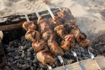 Tasty fried meat grill on the bonfire. Weekends on the beach.