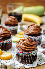 Chocolate zucchini banana cupcakes with chocolate avocado banana peanut butter cream frosting