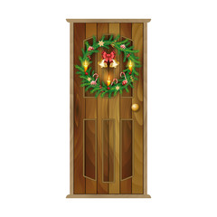 Wooden Door with Christmas wreath, bell, candle. Xmas holiday Vector stock illustration.