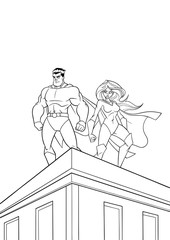 Superhero couple watching over the city from the roof of tall building at night.