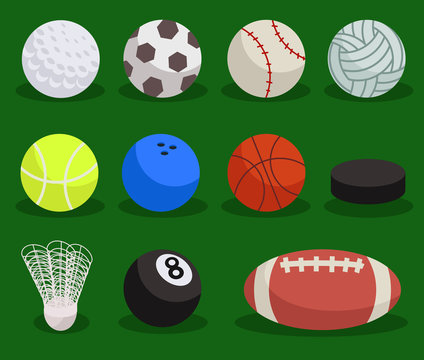 Flat sport ball set. Vector balls on green background vector illustration © llenella