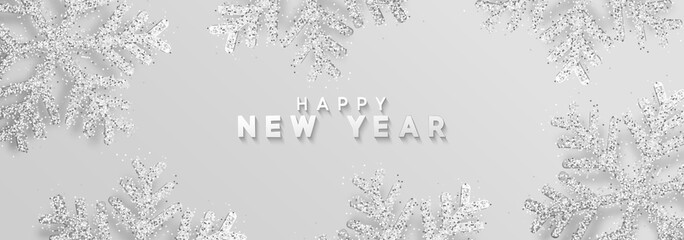 Obraz premium Happy New Year. Xmas background with Shining silver Snowflakes. Greeting card, holiday banner, web poster
