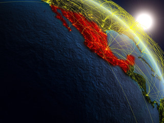 Mexico from space on realistic model of planet Earth with network. Concept of digital technology, connectivity and travel.