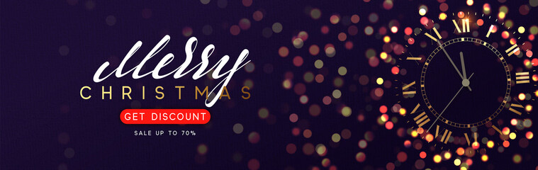 Christmas banner. Background with shining vintage golden clock, bright glowing gold lights bokeh.