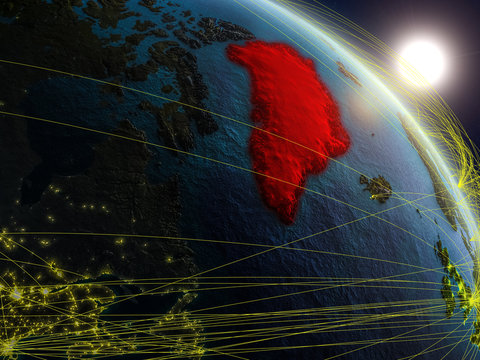 Greenland From Space On Realistic Model Of Planet Earth With Network. Concept Of Digital Technology, Connectivity And Travel.