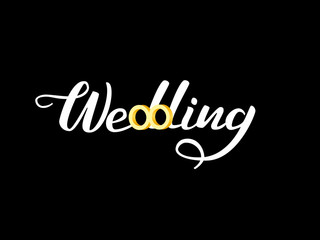 Wedding word lettering with two wedding rings. Vector illustration