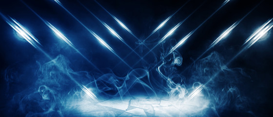 Empty dark wall background, concrete floor neon light, laser beams, smoke, fog, night
