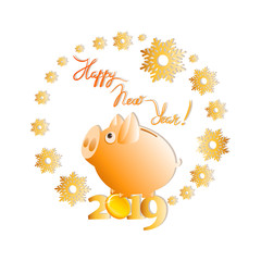 Cute yellow piggy bank in a halo of snowflakes. Yellow piggy symbol of the 2019 year. New year greetings. Light background. Design for a greeting card, poster, advertising, calendar.	