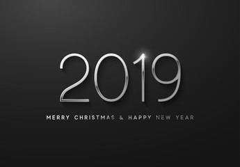 New Year 2019 the silver font numbers. Elegant white label.