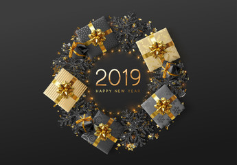 2019 happy New Year festive background. Xmas decoration black snowflakes with glitter, realistic gift box, covered with gold confetti, yellow ring of garland. Greeting card, banner, web poster