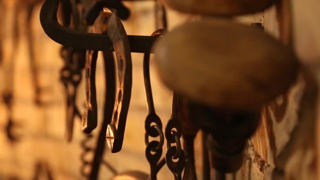 Set ancient tools for metal forging. Tongs, hammers and other metal working tools.